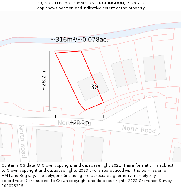 30, NORTH ROAD, BRAMPTON, HUNTINGDON, PE28 4FN: Plot and title map