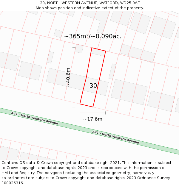 30, NORTH WESTERN AVENUE, WATFORD, WD25 0AE: Plot and title map