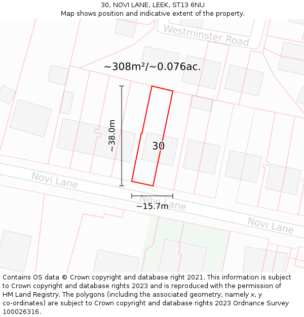 30, NOVI LANE, LEEK, ST13 6NU: Plot and title map