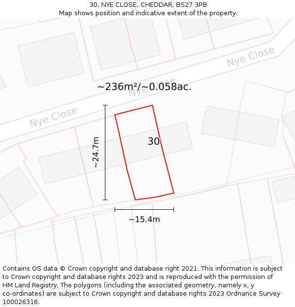 30, NYE CLOSE, CHEDDAR, BS27 3PB: Plot and title map