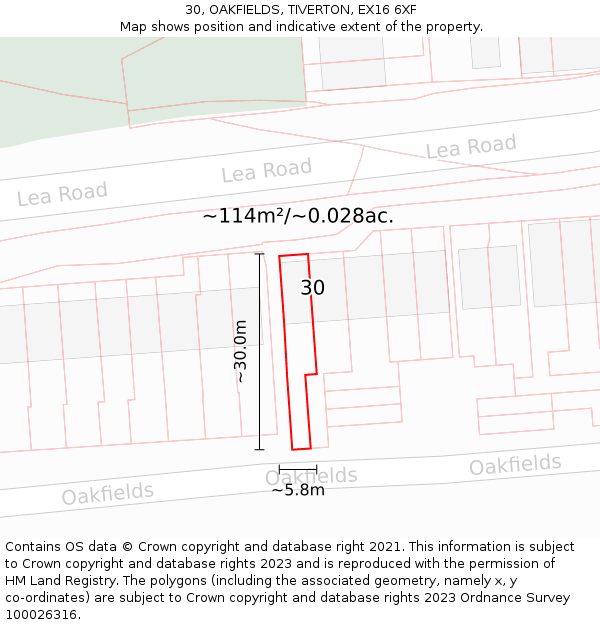 30, OAKFIELDS, TIVERTON, EX16 6XF: Plot and title map