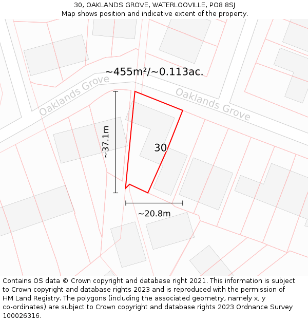 30, OAKLANDS GROVE, WATERLOOVILLE, PO8 8SJ: Plot and title map