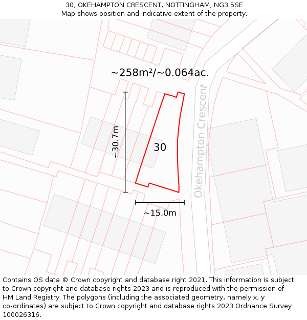 30, OKEHAMPTON CRESCENT, NOTTINGHAM, NG3 5SE: Plot and title map