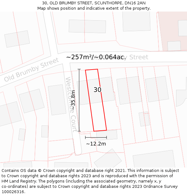 30, OLD BRUMBY STREET, SCUNTHORPE, DN16 2AN: Plot and title map