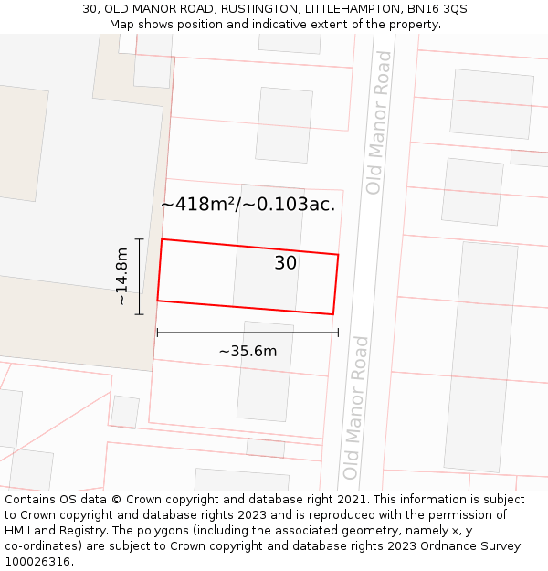30, OLD MANOR ROAD, RUSTINGTON, LITTLEHAMPTON, BN16 3QS: Plot and title map
