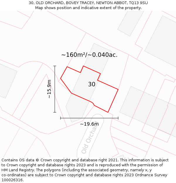 30, OLD ORCHARD, BOVEY TRACEY, NEWTON ABBOT, TQ13 9SU: Plot and title map