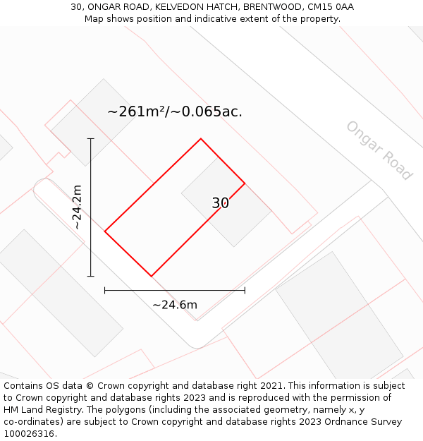 30, ONGAR ROAD, KELVEDON HATCH, BRENTWOOD, CM15 0AA: Plot and title map