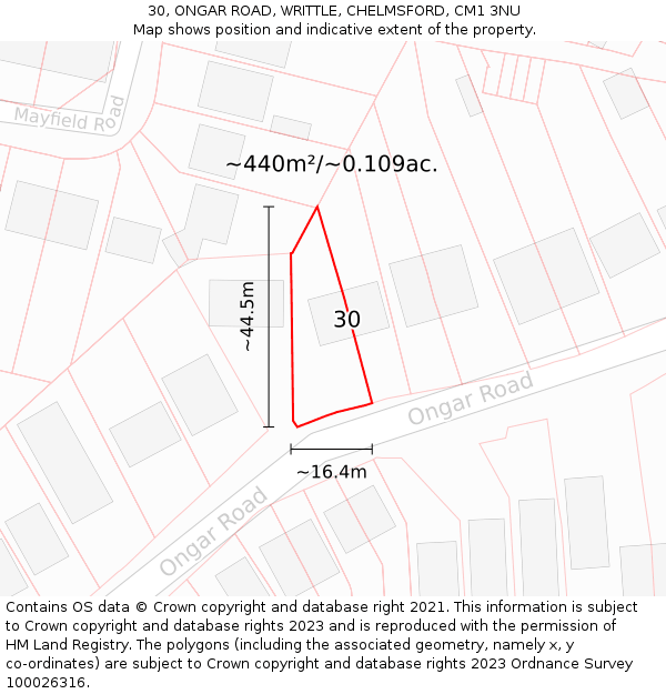 30, ONGAR ROAD, WRITTLE, CHELMSFORD, CM1 3NU: Plot and title map