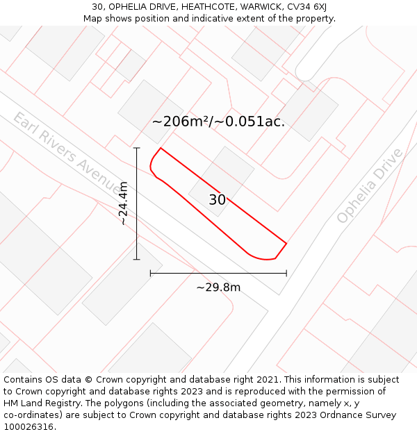 30, OPHELIA DRIVE, HEATHCOTE, WARWICK, CV34 6XJ: Plot and title map