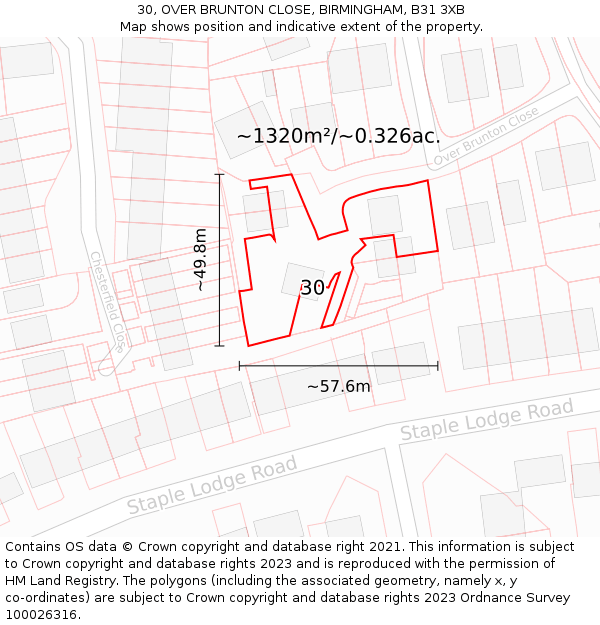 30, OVER BRUNTON CLOSE, BIRMINGHAM, B31 3XB: Plot and title map