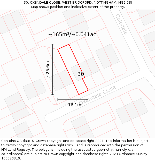 30, OXENDALE CLOSE, WEST BRIDGFORD, NOTTINGHAM, NG2 6SJ: Plot and title map