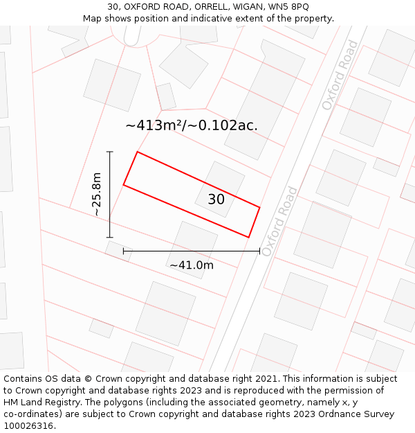 30, OXFORD ROAD, ORRELL, WIGAN, WN5 8PQ: Plot and title map