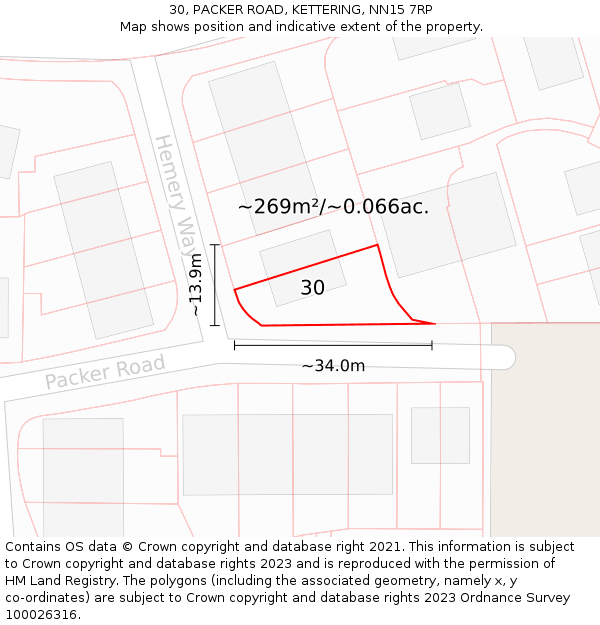 30, PACKER ROAD, KETTERING, NN15 7RP: Plot and title map