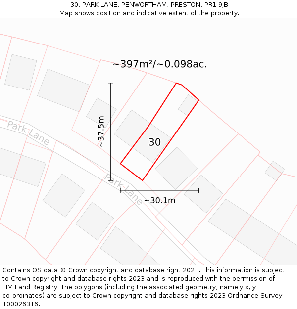 30, PARK LANE, PENWORTHAM, PRESTON, PR1 9JB: Plot and title map