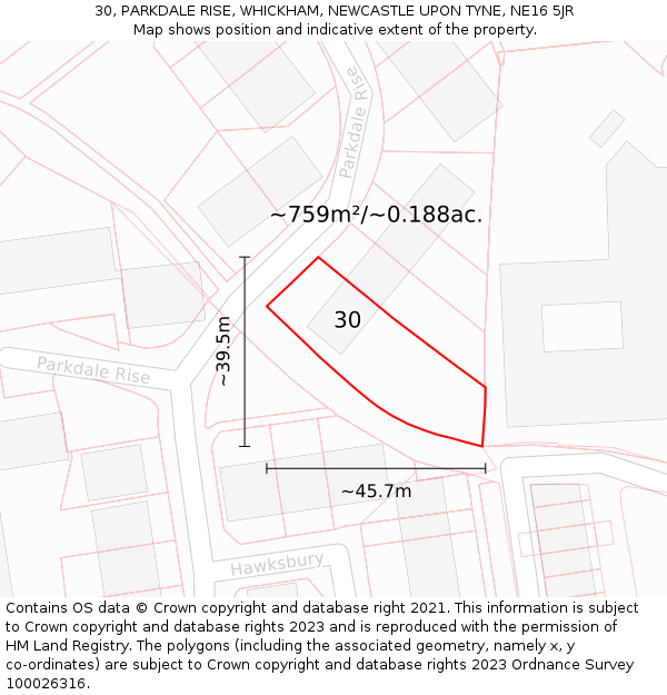 30, PARKDALE RISE, WHICKHAM, NEWCASTLE UPON TYNE, NE16 5JR: Plot and title map