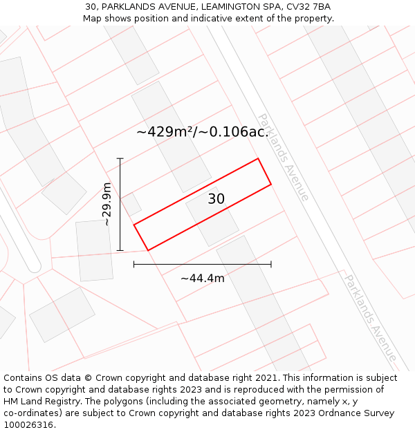 30, PARKLANDS AVENUE, LEAMINGTON SPA, CV32 7BA: Plot and title map