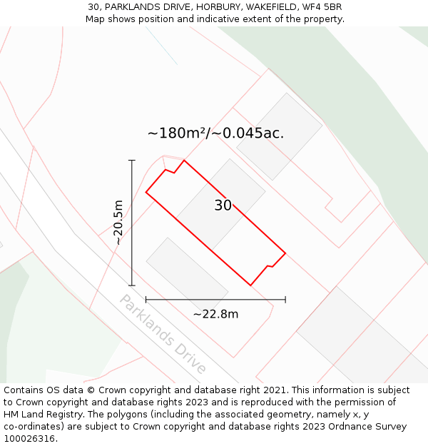 30, PARKLANDS DRIVE, HORBURY, WAKEFIELD, WF4 5BR: Plot and title map