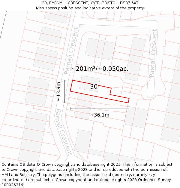 30, PARNALL CRESCENT, YATE, BRISTOL, BS37 5XT: Plot and title map