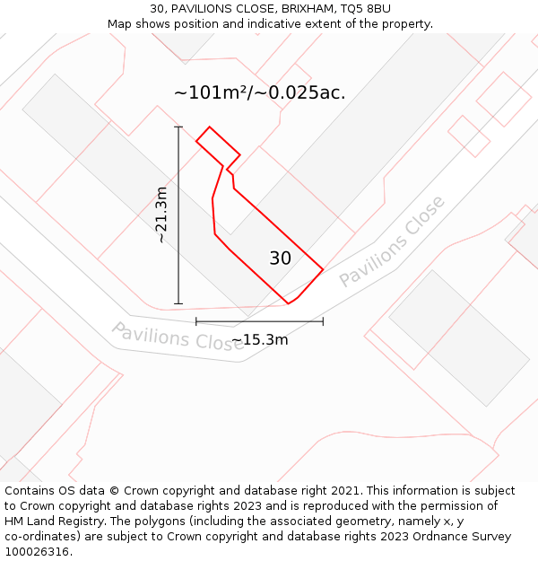30, PAVILIONS CLOSE, BRIXHAM, TQ5 8BU: Plot and title map