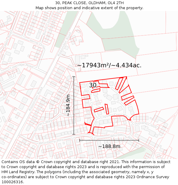 30, PEAK CLOSE, OLDHAM, OL4 2TH: Plot and title map