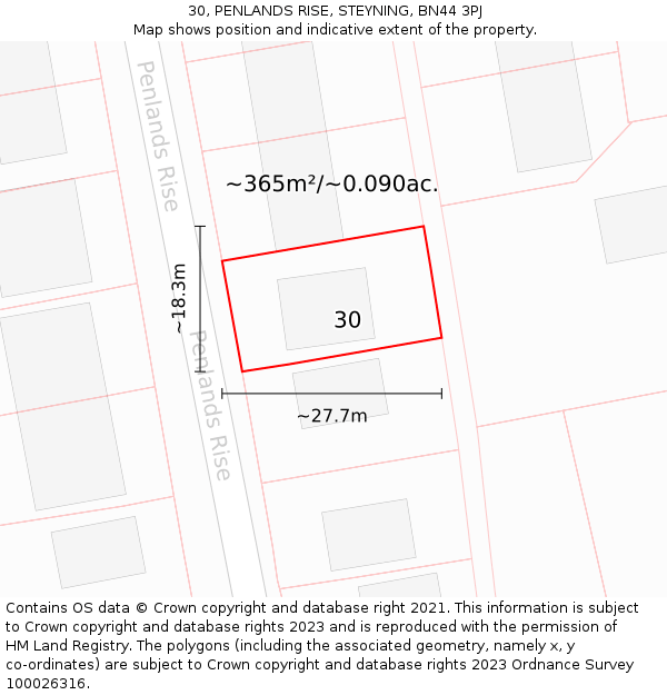 30, PENLANDS RISE, STEYNING, BN44 3PJ: Plot and title map