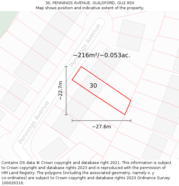 30, PENNINGS AVENUE, GUILDFORD, GU2 9SX: Plot and title map