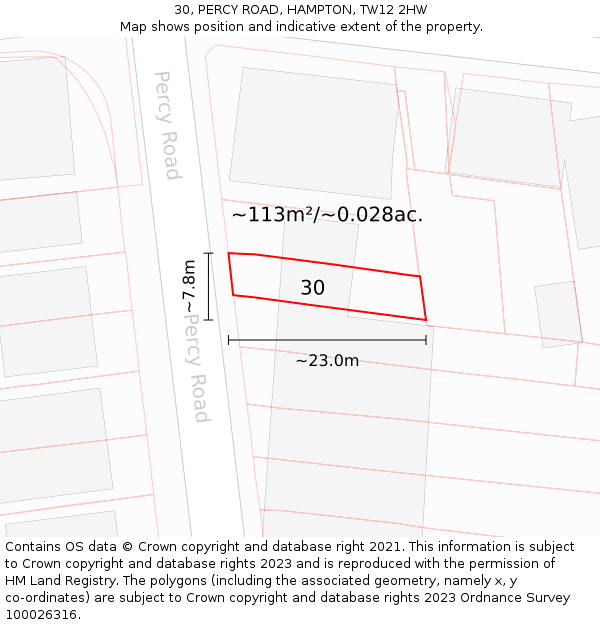 30, PERCY ROAD, HAMPTON, TW12 2HW: Plot and title map