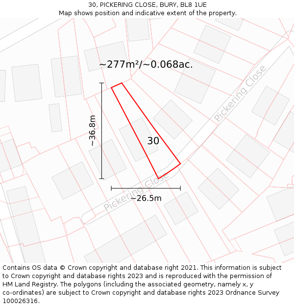 30, PICKERING CLOSE, BURY, BL8 1UE: Plot and title map