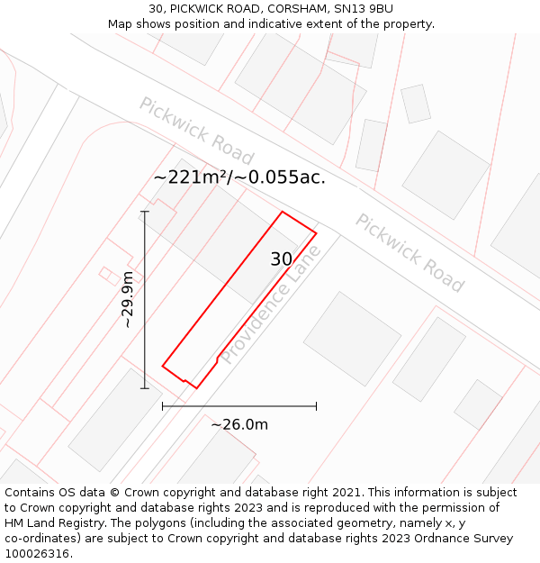 30, PICKWICK ROAD, CORSHAM, SN13 9BU: Plot and title map