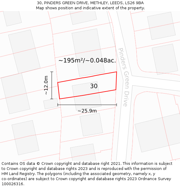 30, PINDERS GREEN DRIVE, METHLEY, LEEDS, LS26 9BA: Plot and title map