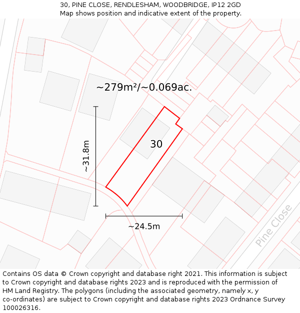 30, PINE CLOSE, RENDLESHAM, WOODBRIDGE, IP12 2GD: Plot and title map