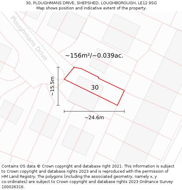 30, PLOUGHMANS DRIVE, SHEPSHED, LOUGHBOROUGH, LE12 9SG: Plot and title map