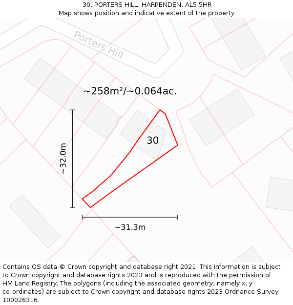 30, PORTERS HILL, HARPENDEN, AL5 5HR: Plot and title map