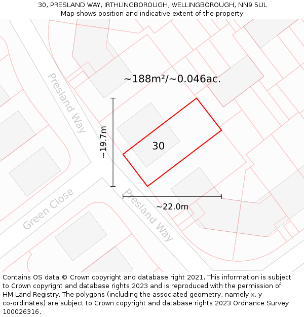 30, PRESLAND WAY, IRTHLINGBOROUGH, WELLINGBOROUGH, NN9 5UL: Plot and title map