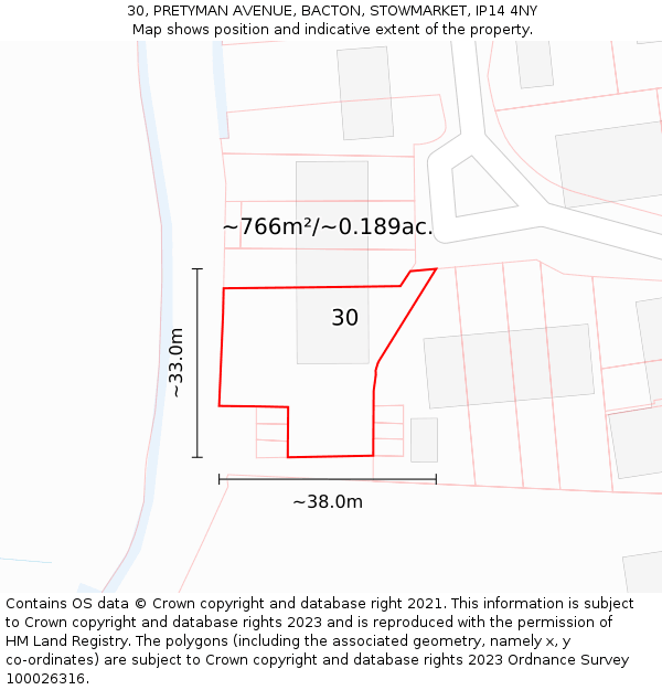 30, PRETYMAN AVENUE, BACTON, STOWMARKET, IP14 4NY: Plot and title map