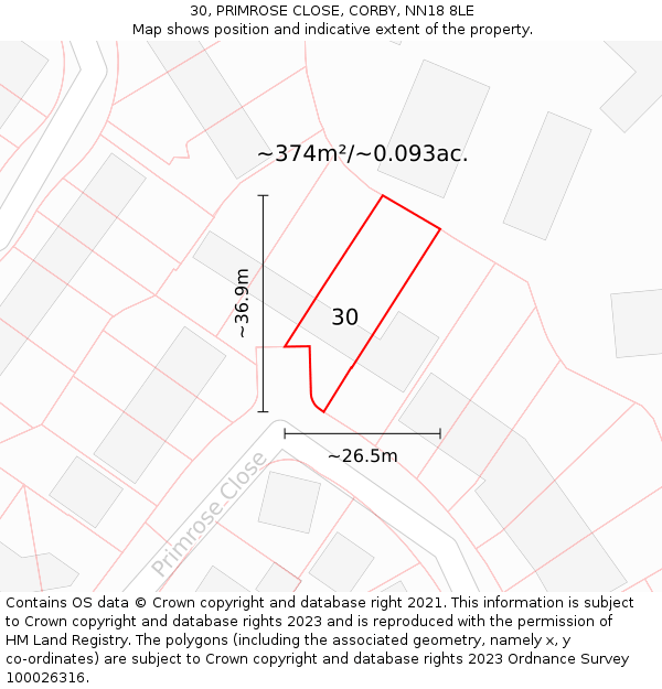 30, PRIMROSE CLOSE, CORBY, NN18 8LE: Plot and title map