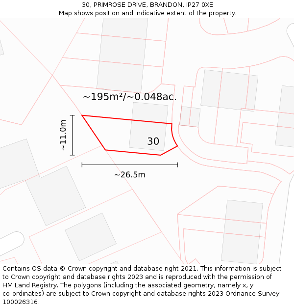 30, PRIMROSE DRIVE, BRANDON, IP27 0XE: Plot and title map