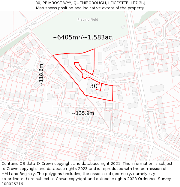 30, PRIMROSE WAY, QUENIBOROUGH, LEICESTER, LE7 3UJ: Plot and title map