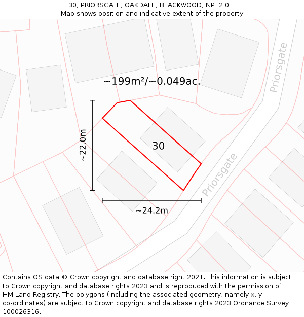 30, PRIORSGATE, OAKDALE, BLACKWOOD, NP12 0EL: Plot and title map