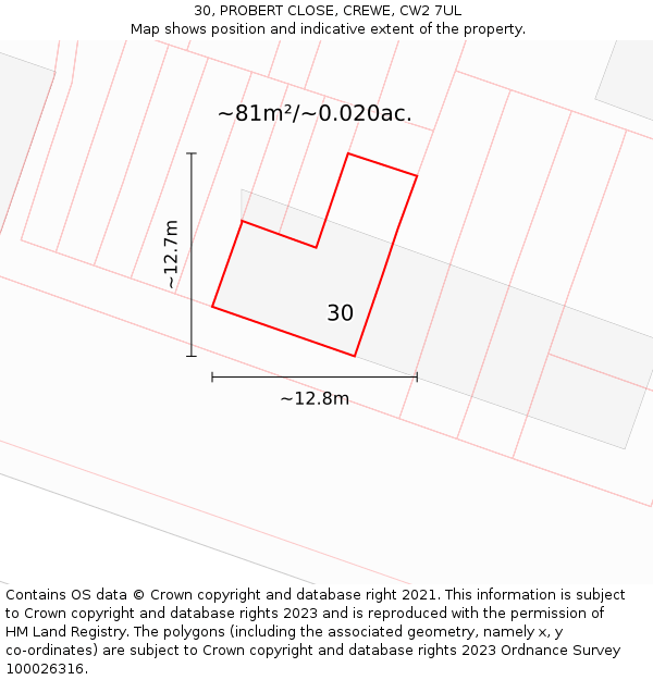 30, PROBERT CLOSE, CREWE, CW2 7UL: Plot and title map