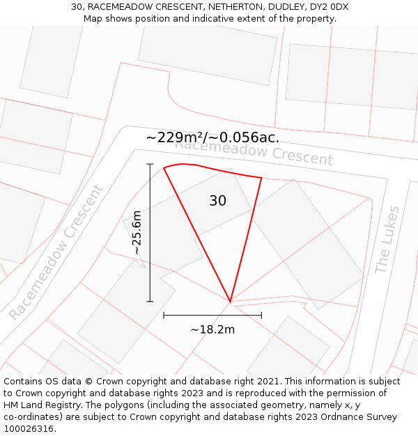 30, RACEMEADOW CRESCENT, NETHERTON, DUDLEY, DY2 0DX: Plot and title map