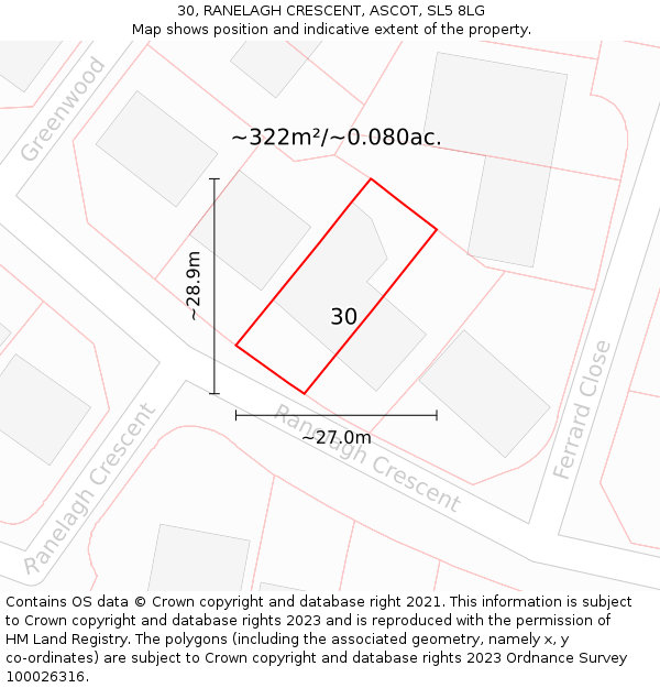 30, RANELAGH CRESCENT, ASCOT, SL5 8LG: Plot and title map