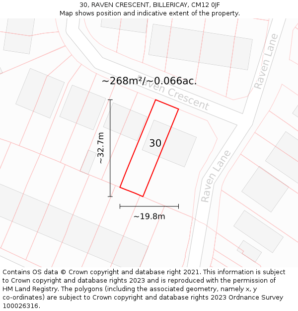 30, RAVEN CRESCENT, BILLERICAY, CM12 0JF: Plot and title map