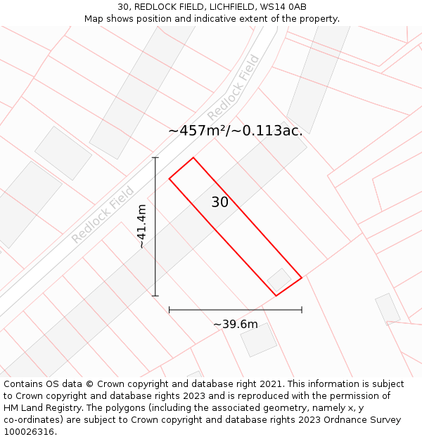 30, REDLOCK FIELD, LICHFIELD, WS14 0AB: Plot and title map