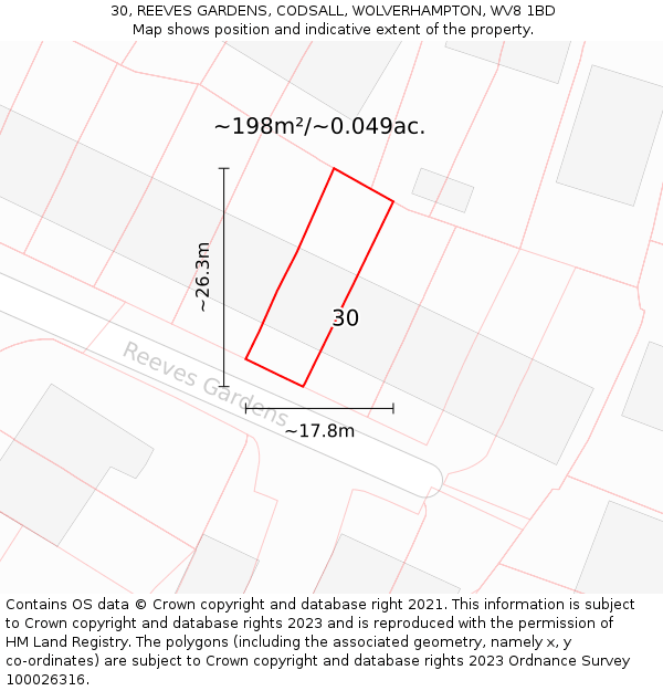 30, REEVES GARDENS, CODSALL, WOLVERHAMPTON, WV8 1BD: Plot and title map