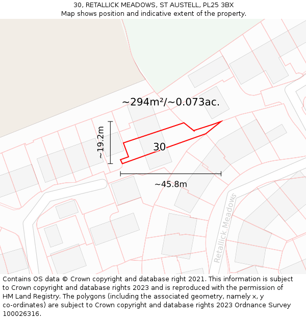 30, RETALLICK MEADOWS, ST AUSTELL, PL25 3BX: Plot and title map