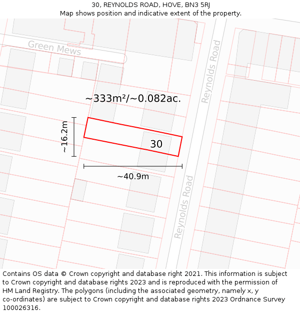 30, REYNOLDS ROAD, HOVE, BN3 5RJ: Plot and title map