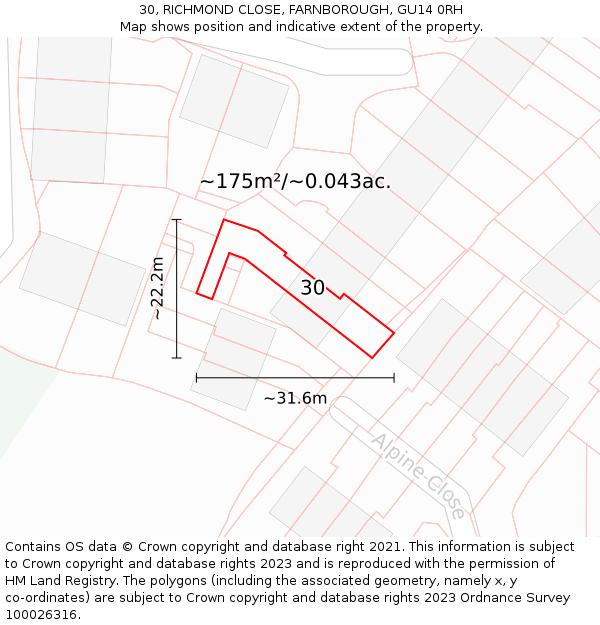 30, RICHMOND CLOSE, FARNBOROUGH, GU14 0RH: Plot and title map