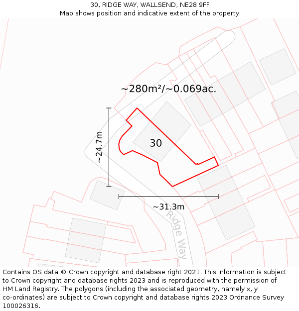 30, RIDGE WAY, WALLSEND, NE28 9FF: Plot and title map