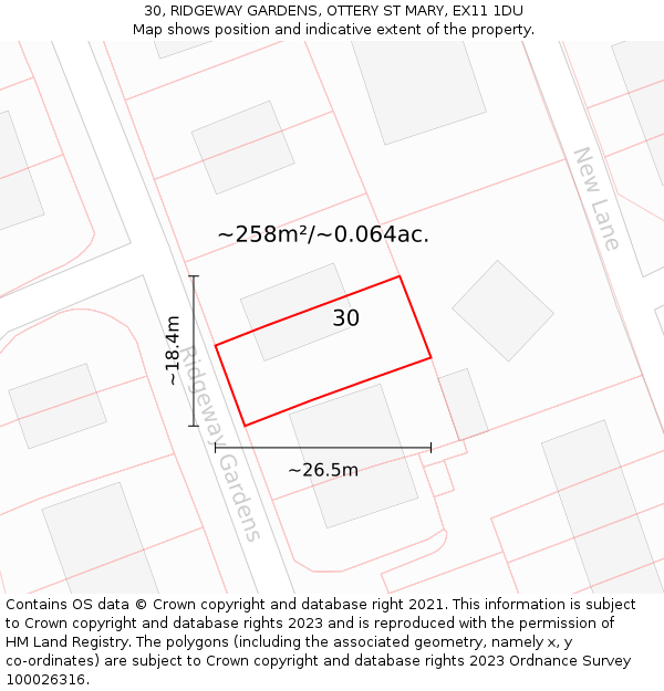 30, RIDGEWAY GARDENS, OTTERY ST MARY, EX11 1DU: Plot and title map